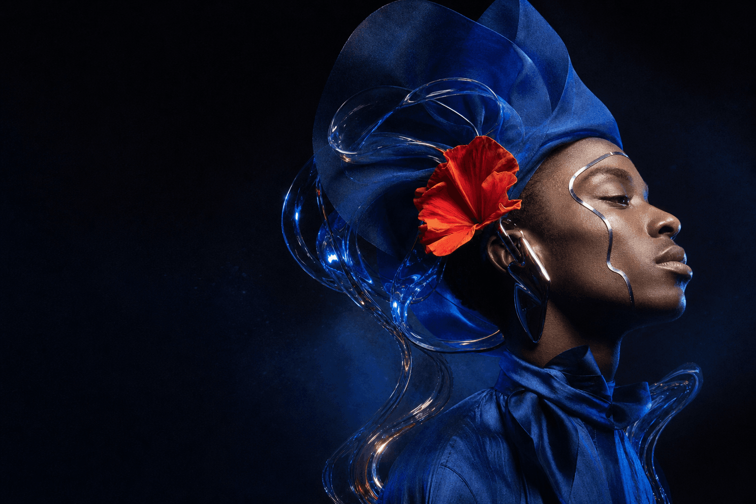 Surreal cobalt editorial portrait created with the Blue Muse prompt